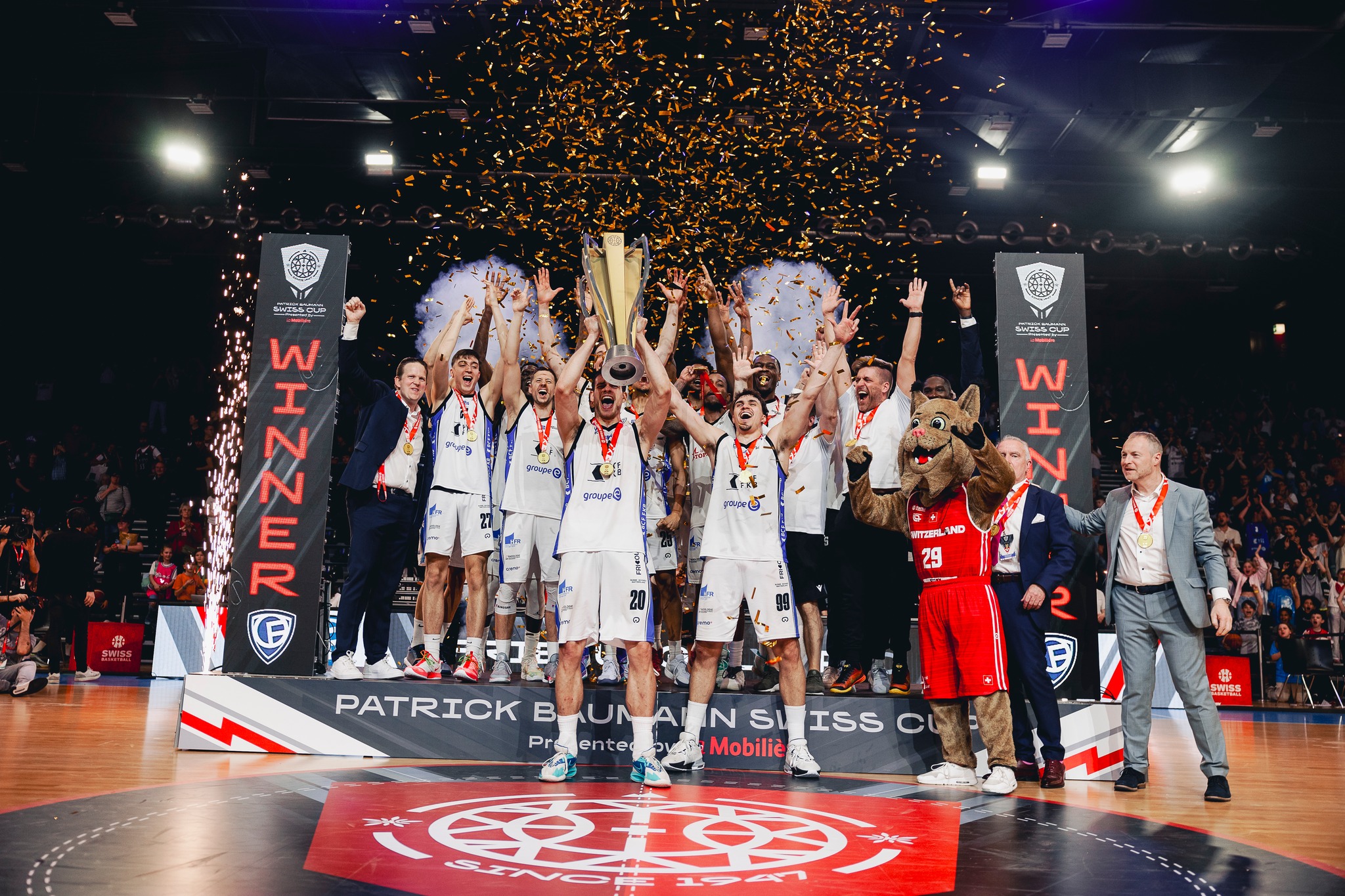 Thibaut Petit SBL victory celebration Fribourg Olympic's Next Three Games